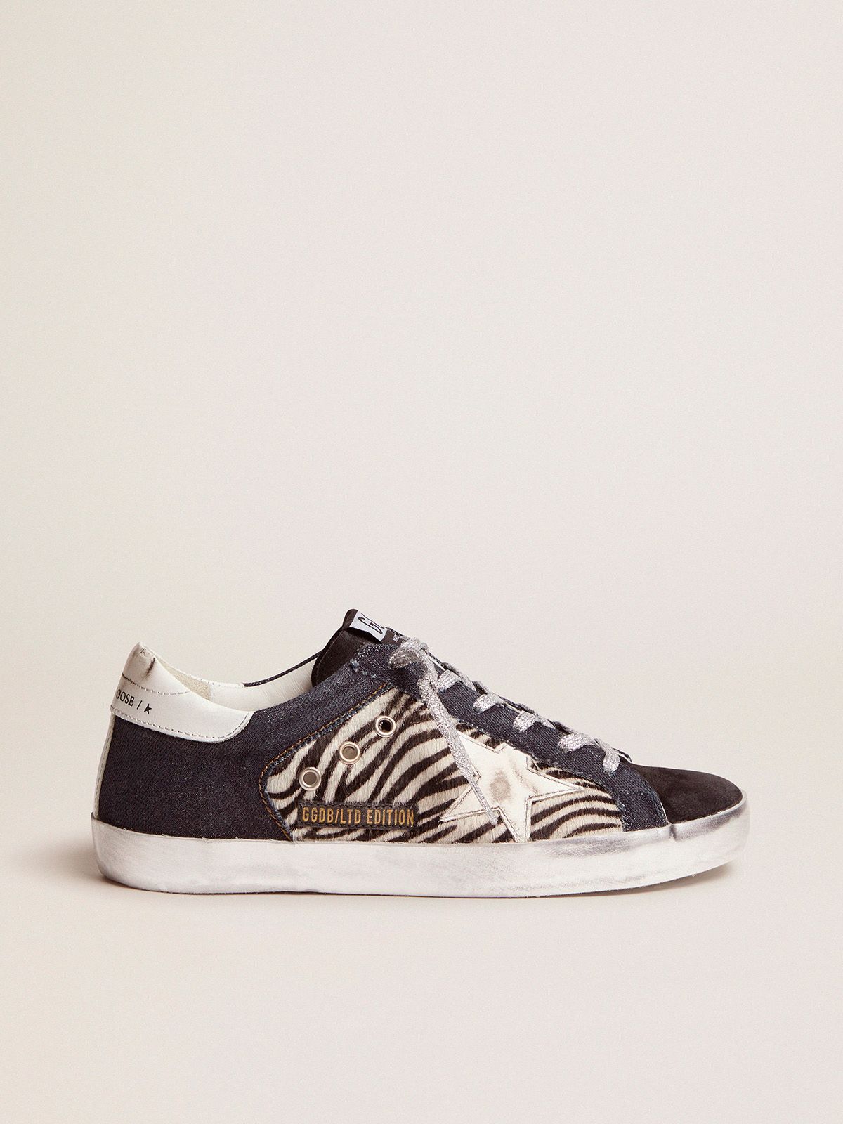 golden goose zebra-print skin sneakers in and suede Limited LAB Edition denim, Super-Star pony