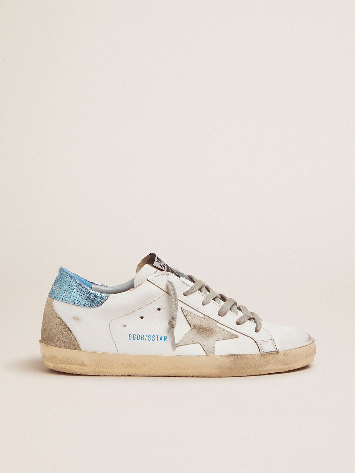 golden goose sneakers with blue laminated tab Super-Star heel White LTD