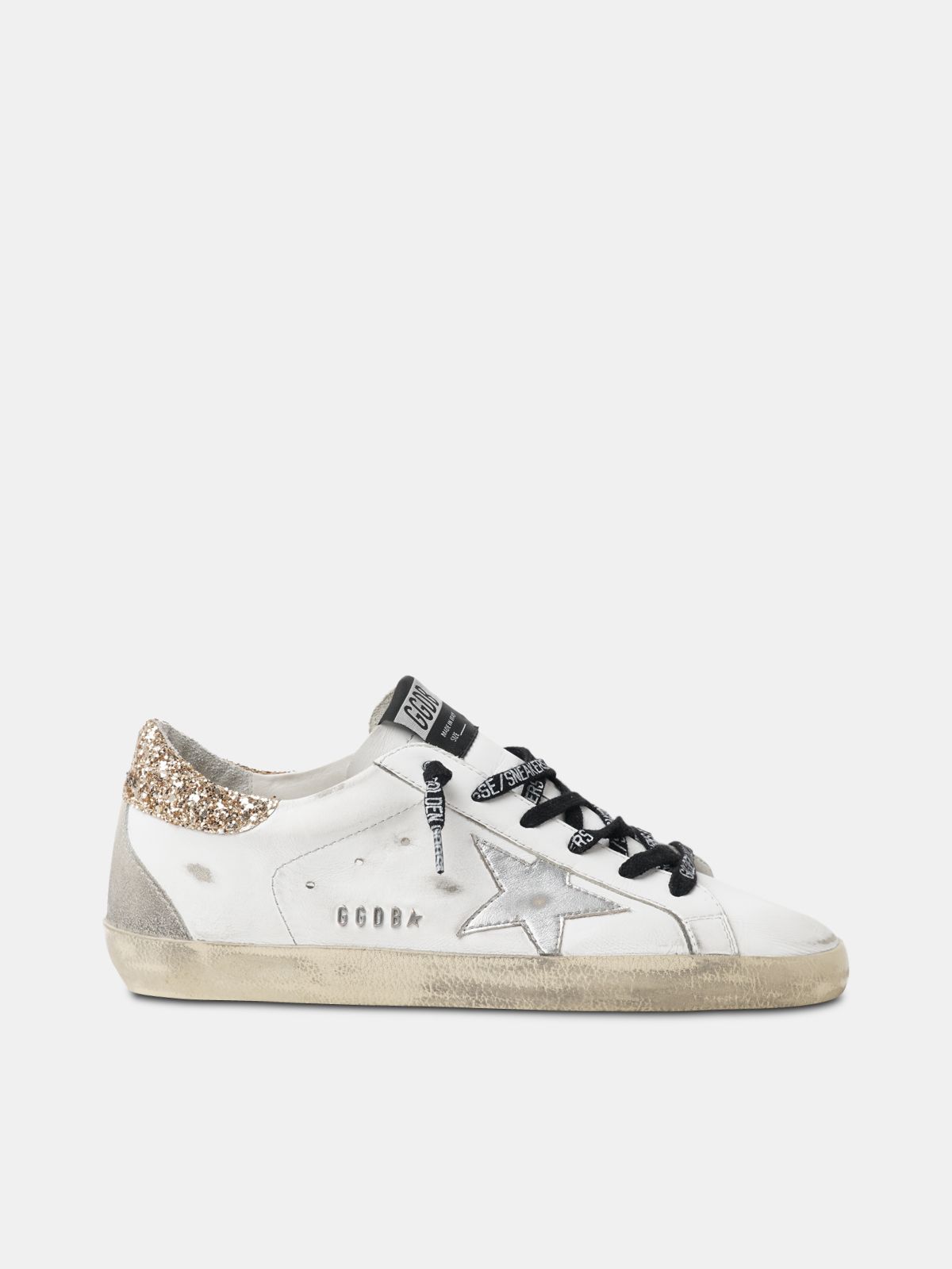 golden goose White Super-Star with leather glittery sneakers tab heel