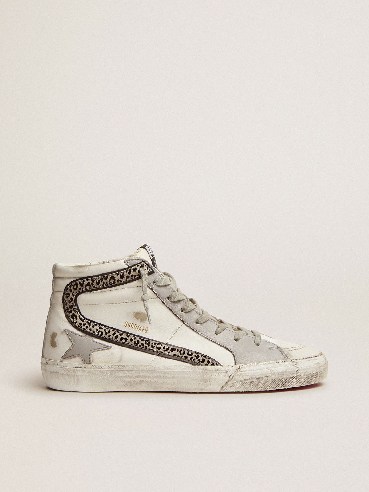 Slide sneakers with white leather upper and animal-print suede flash