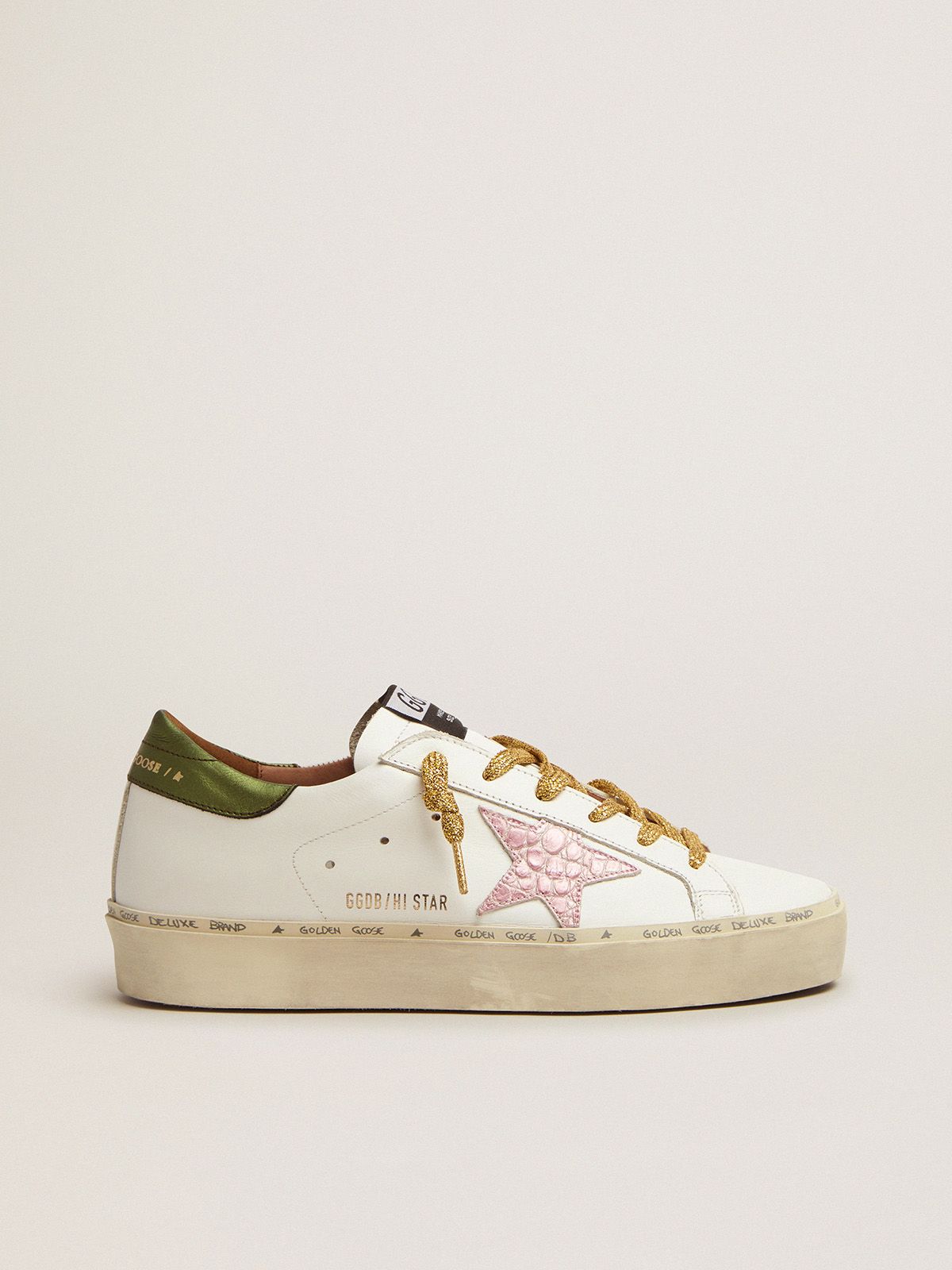 golden goose laminated tab heel pink crocodile-print with leather Star Hi star green and sneakers