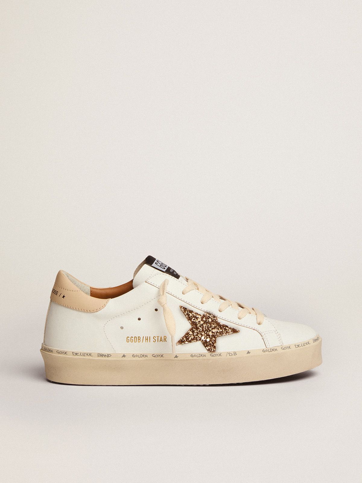Sneakers Golden Goose Uomo Hi Star sneakers with gold glitter star and beige leather heel tab