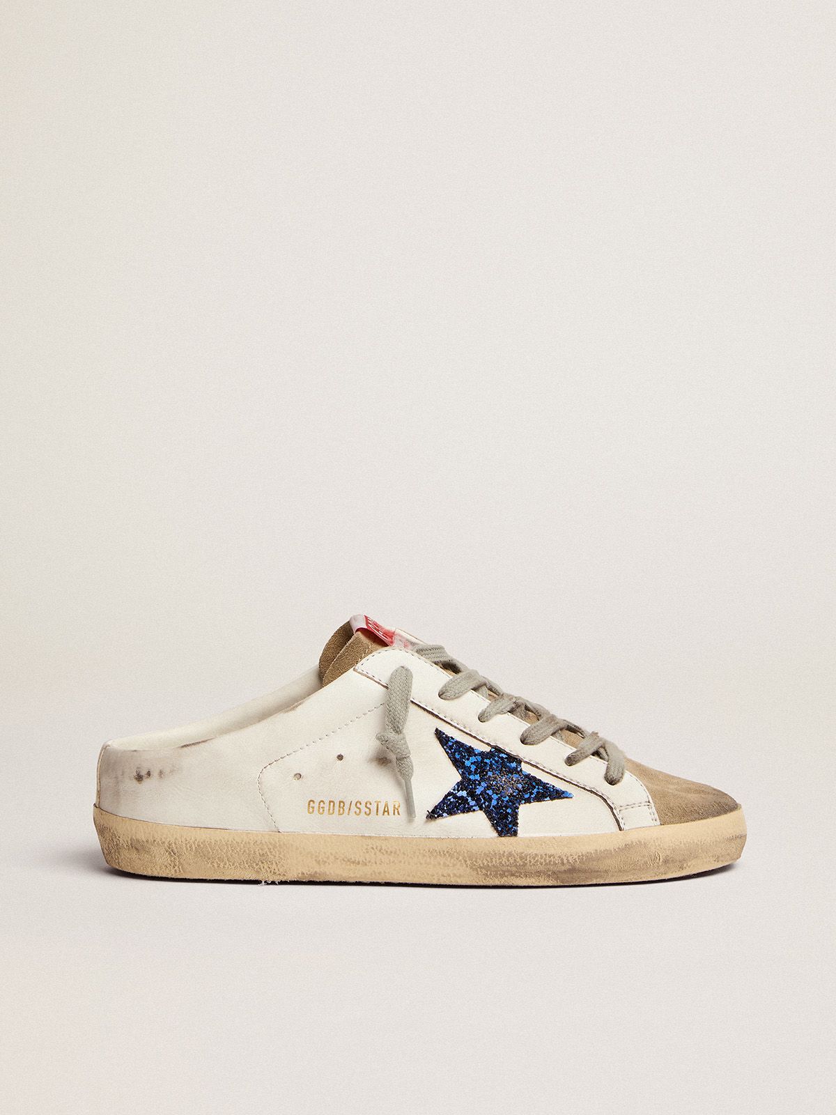 Golden Goose Stardan Super-Star Sabots in white leather with blue glitter star and dove-gray suede tongue