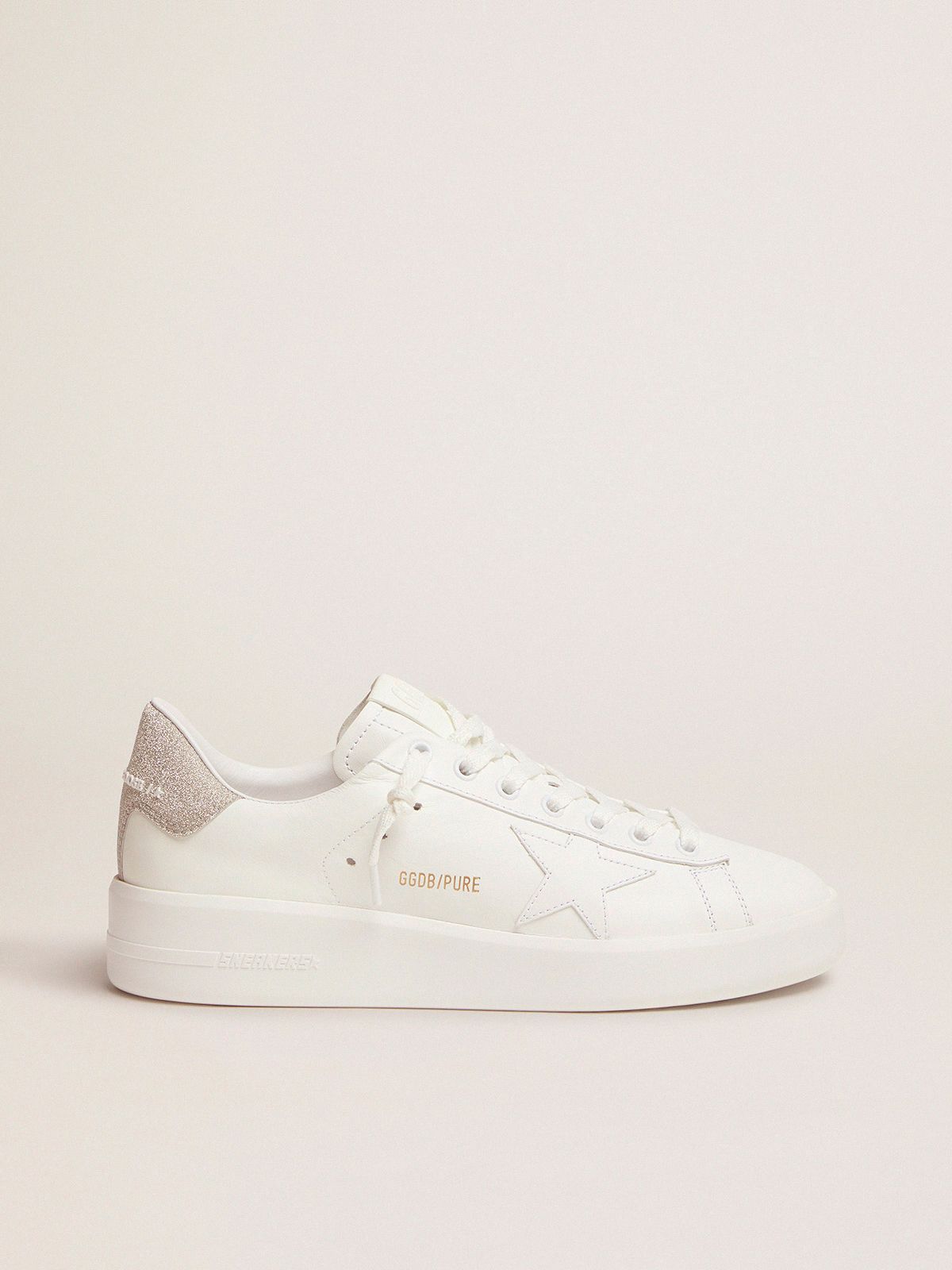 golden goose sneakers white leather with glitter tab champagne heel Purestar in