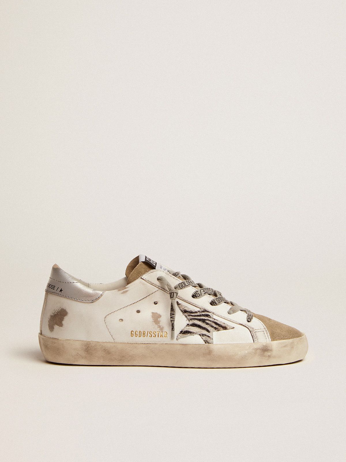 Super-Star sneakers with silver laminated leather heel tab and zebra-print pony skin star