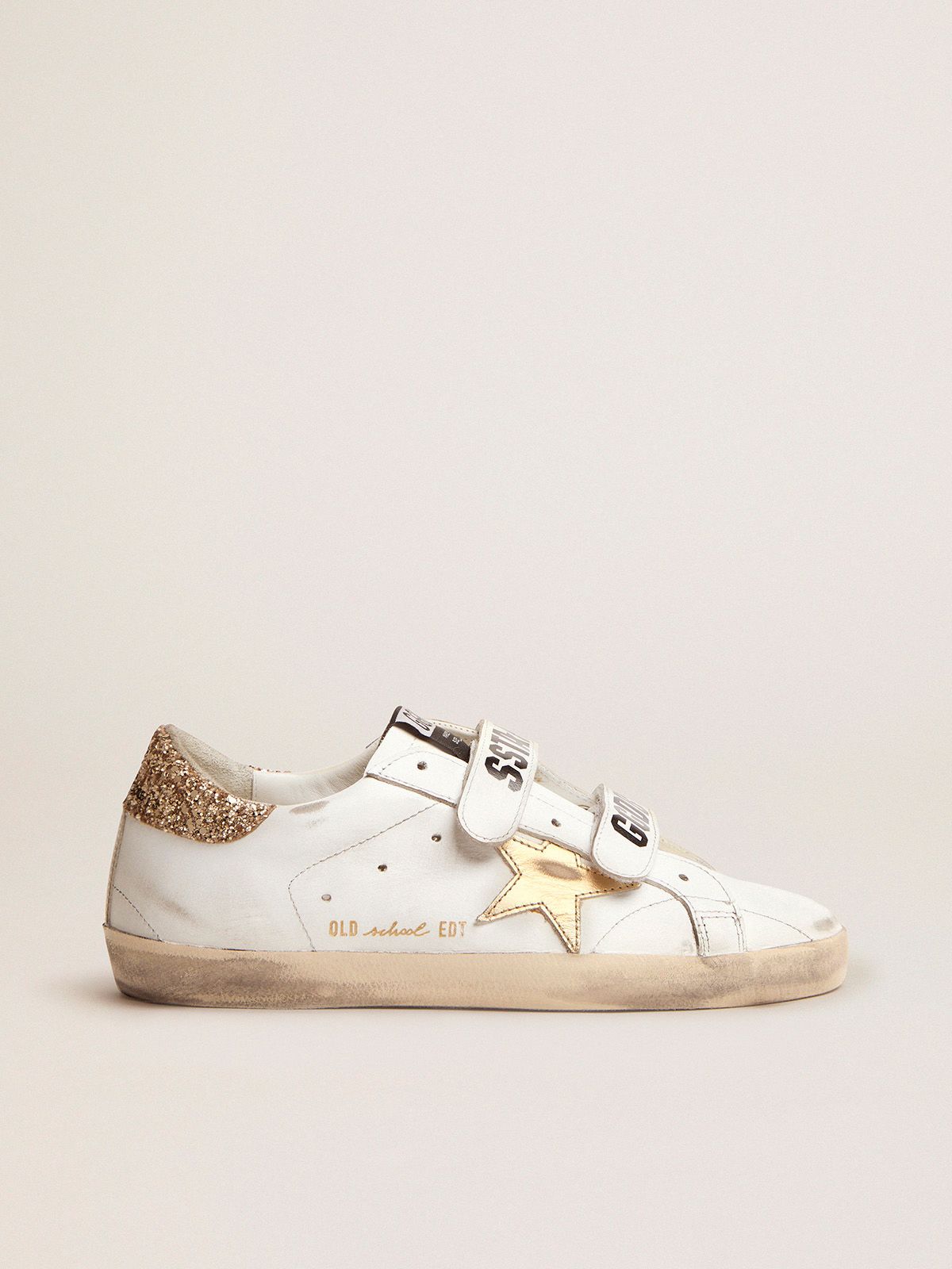 golden goose and tab School leather heel Old star gold sneakers laminated with glitter