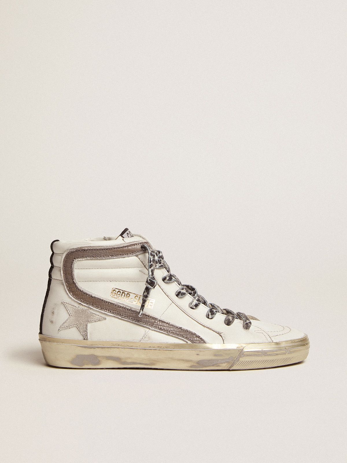 golden goose dove-gray white with suede flash Slide and lizard-print star sneakers leather