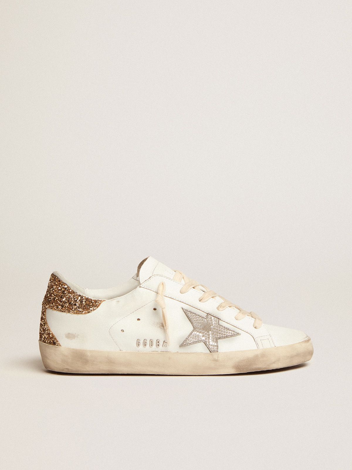 Super-Star sneakers with snake-print silver leather star and gold glitter heel tab