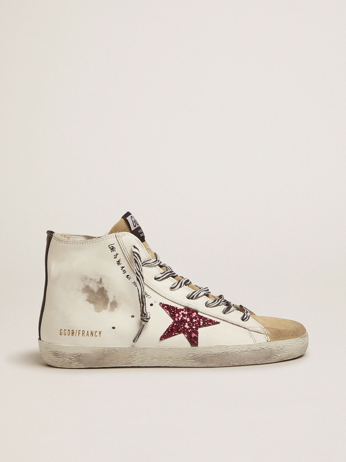 Golden Goose Uomo Saldi Francy sneakers with red glittery star and handwritten lettering
