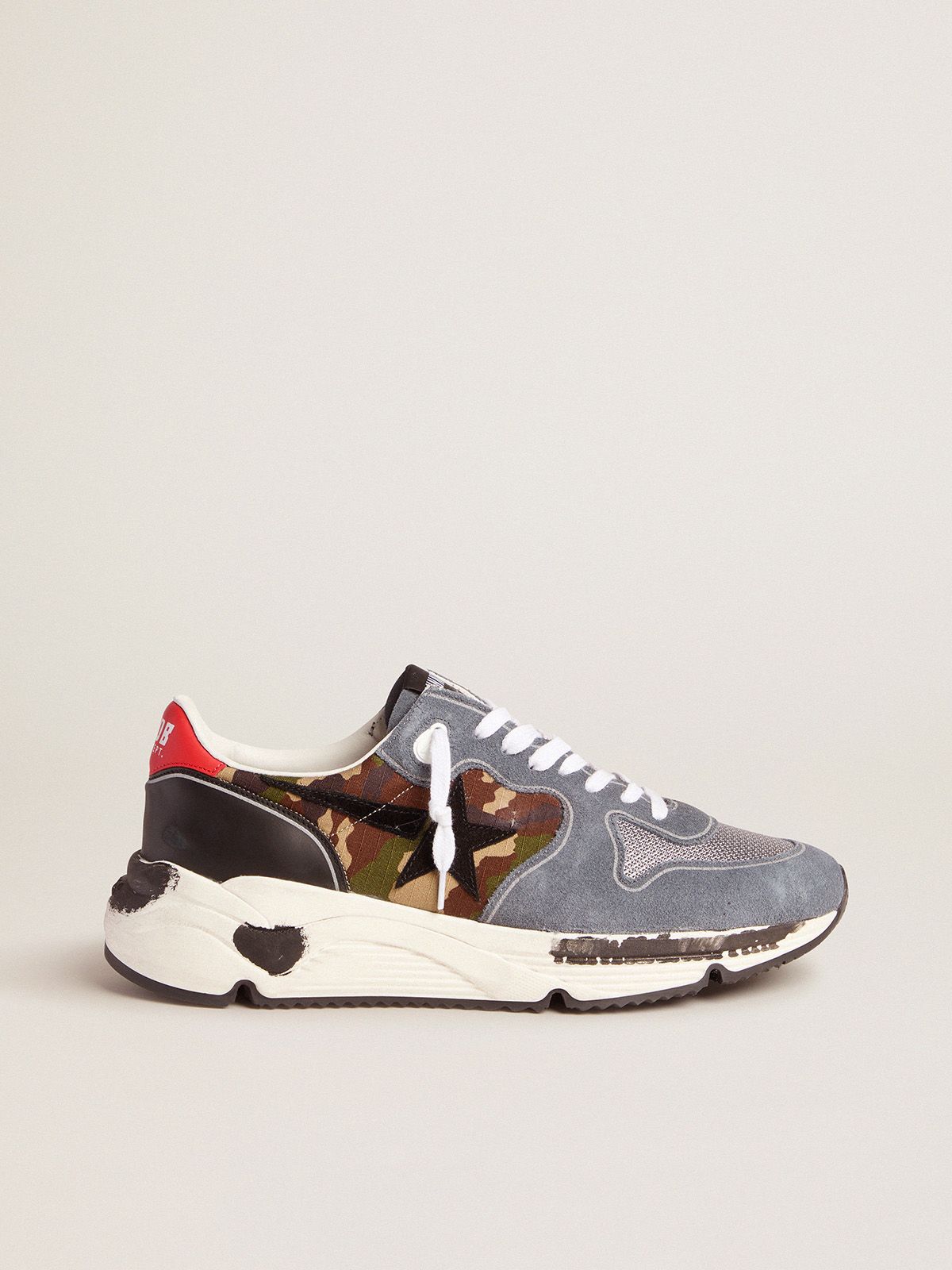 golden goose sneakers with red Running Sole Camouflage and textured insert nylon heel tab