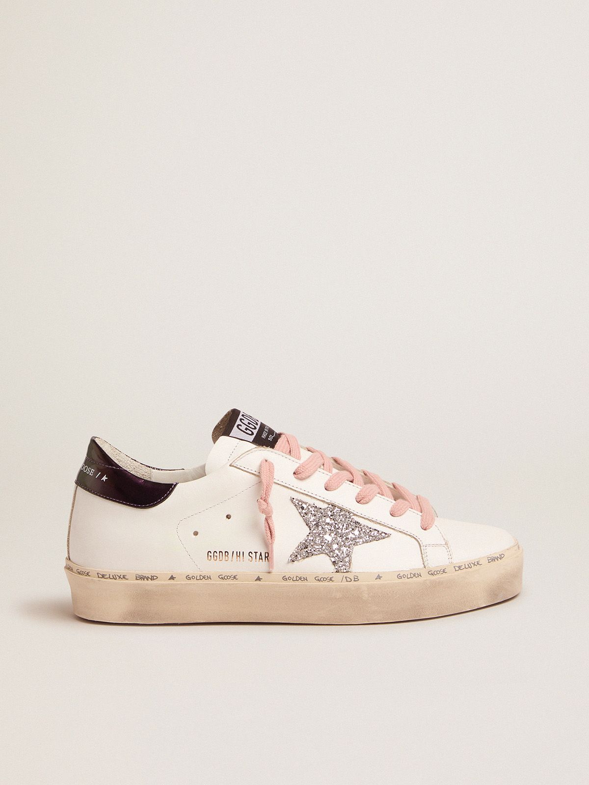 Sneakers Golden Goose Uomo White Hi-Star sneakers with glittery star and pink laces