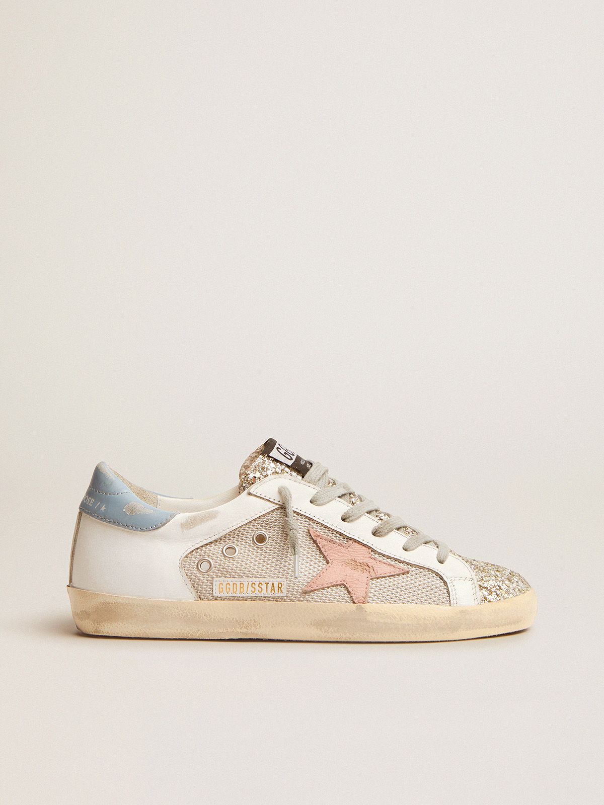 golden goose insert leather Super-Star LTD in white tongue mesh with and sneakers glitter silver