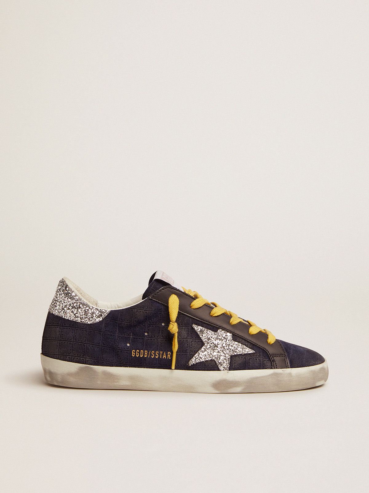 golden goose glitter dark sneakers silver Super-Star checkered with pattern blue suede in details and