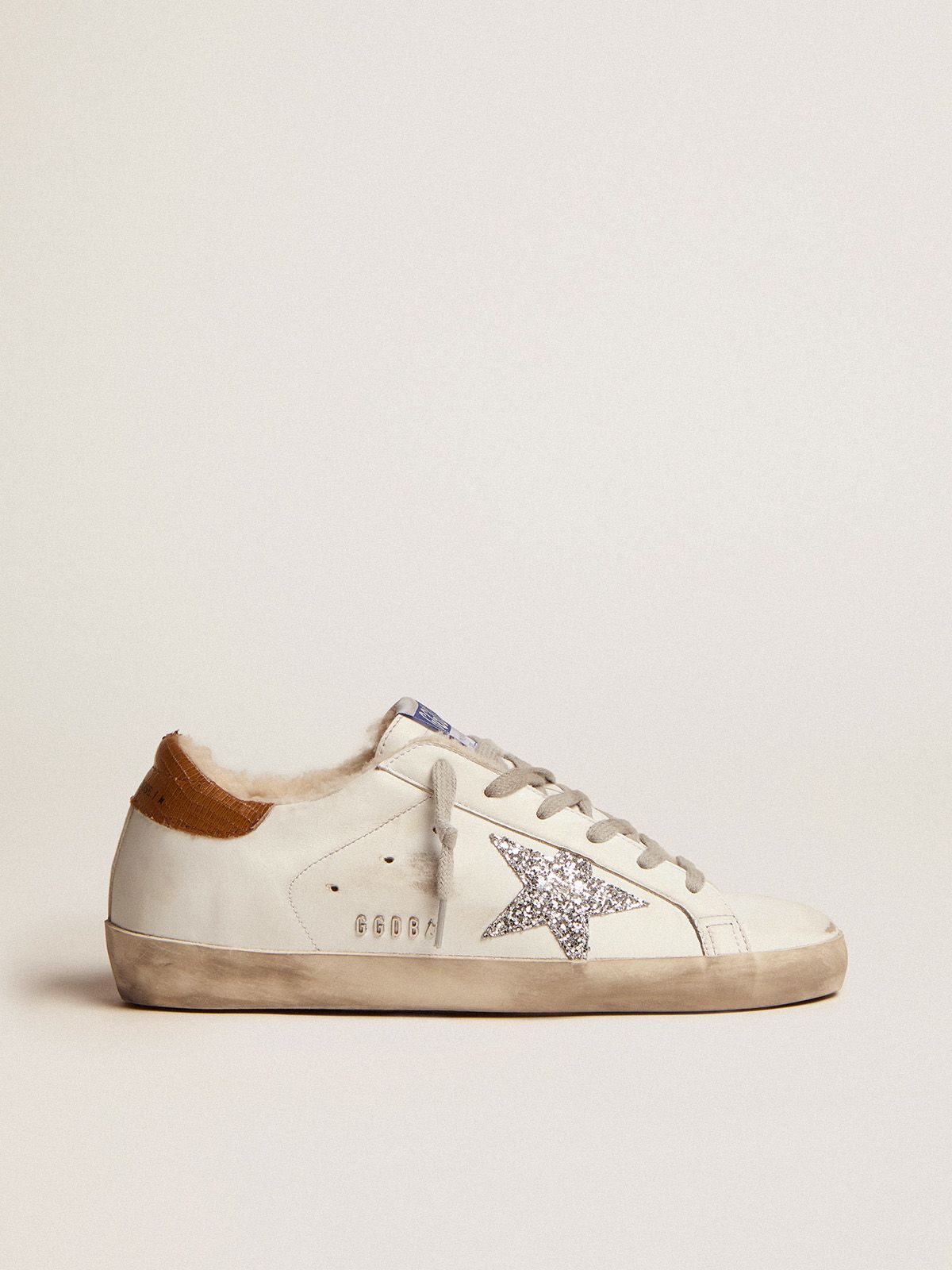 golden goose Super-Star star sneakers silver glitter tab dove-gray with lizard-print leather shearling lining, and heel