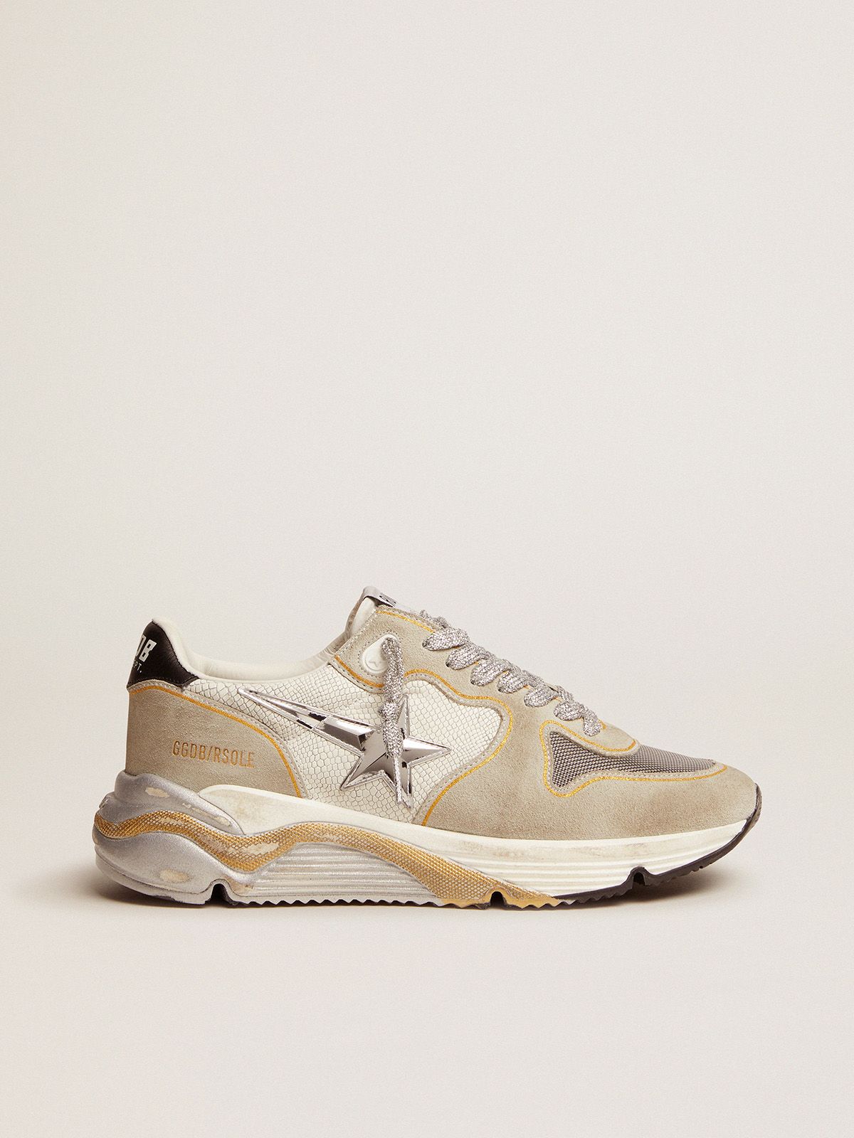 Running Sole LTD sneakers in white snake-print leather and suede with mesh insert