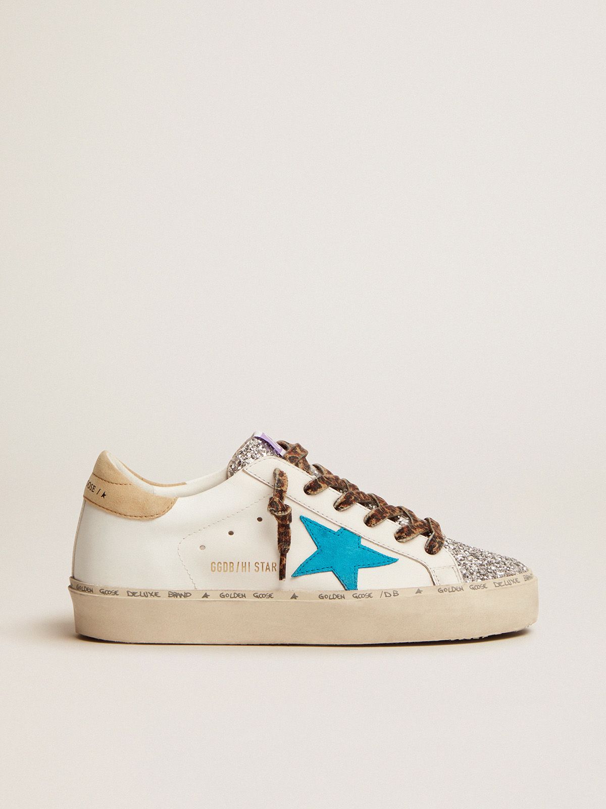 Sneakers Golden Goose Uomo Hi Star LTD sneakers with silver glitter tongue and cyan-blue suede star