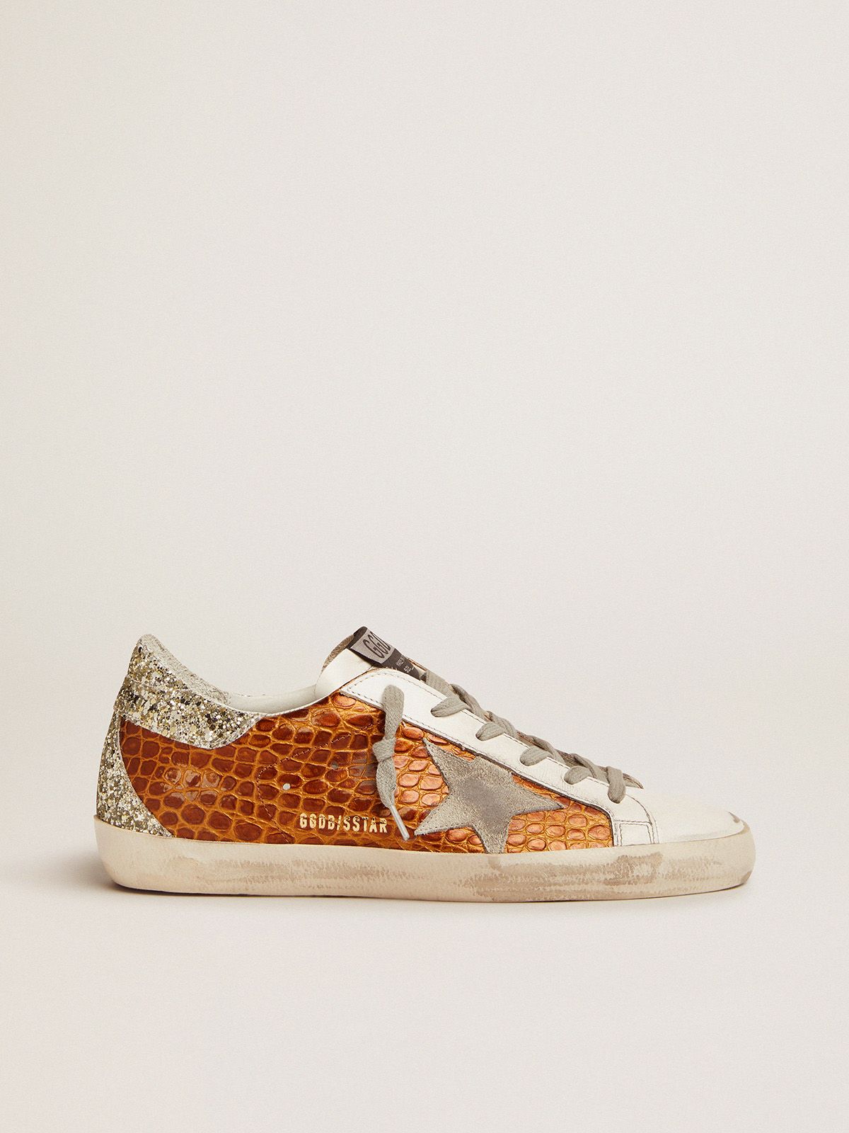 Super-Star sneakers in brown crocodile-print leather with light green glitter | 