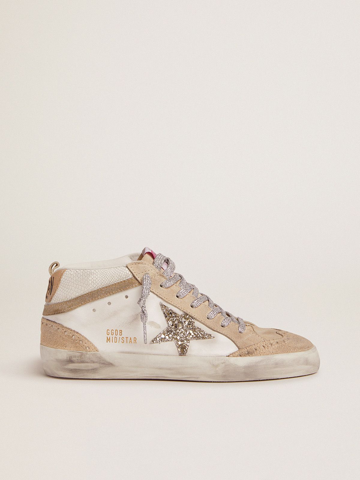 Mid Star LTD sneakers with light green glitter star and snake-print leather insert