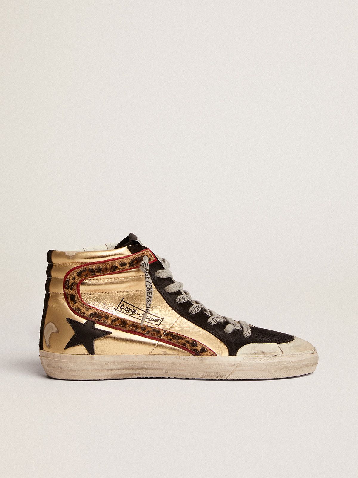 Golden Goose Bambina Penstar Slide sneakers in gold leather with black leather star and leopard-print pony skin insert