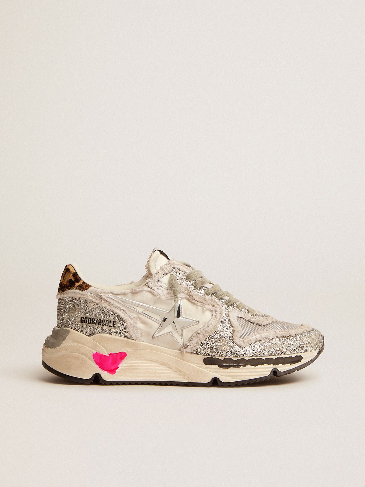 Golden Goose Ball Star Uomo Running Sole sneakers in nylon and silver glitter with leopard-print pony skin heel tab