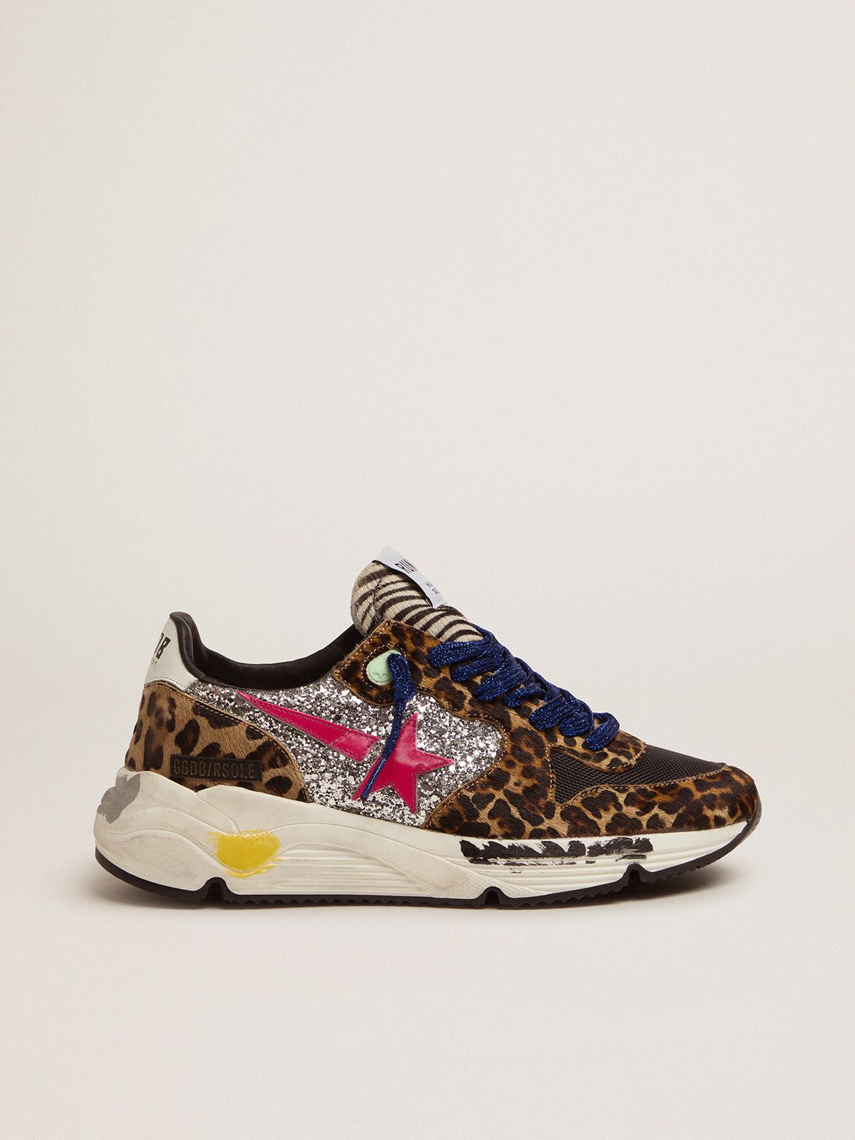 Golden Goose Ball Star Uomo Running Sole sneakers in leopard-print pony skin with silver glitter inserts.