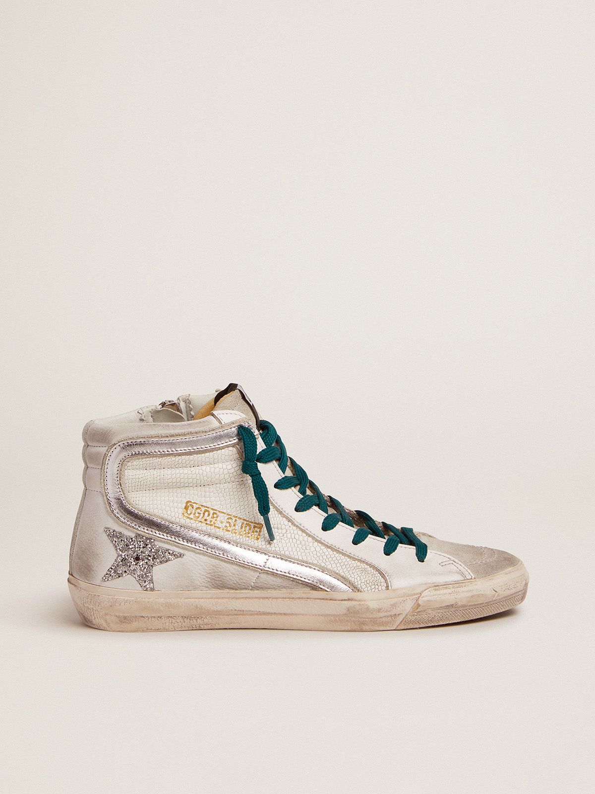 Slide sneakers with snake-print leather upper and silver glitter star