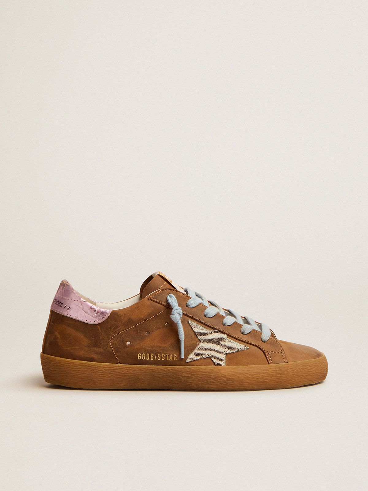 Super-Star sneakers in brown waxed suede with a zebra-print pony skin star