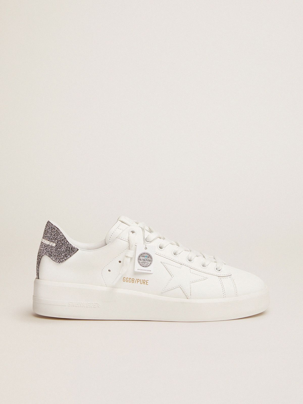 golden goose crystal in silver sneakers with Purestar tab heel white leather