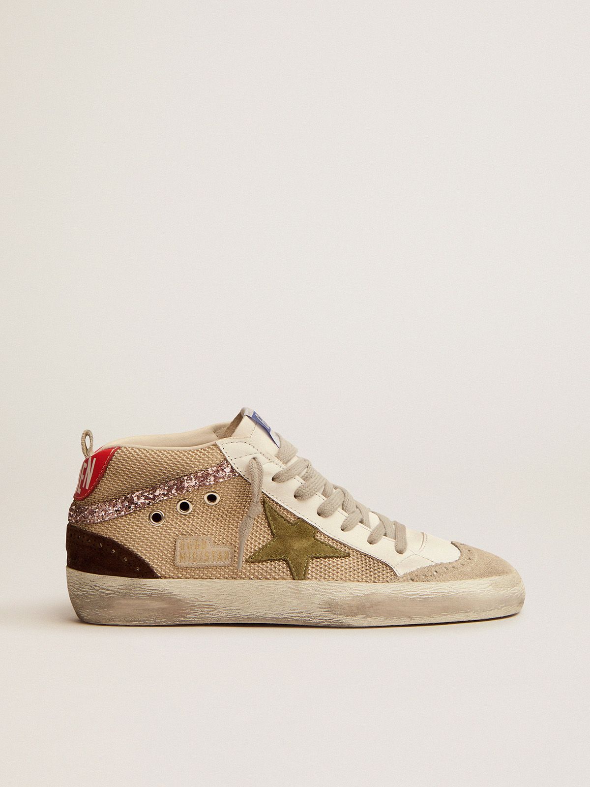 Golden Goose Sneakers Uomo Mid Star sneakers in cream-colored mesh with suede and glitter details