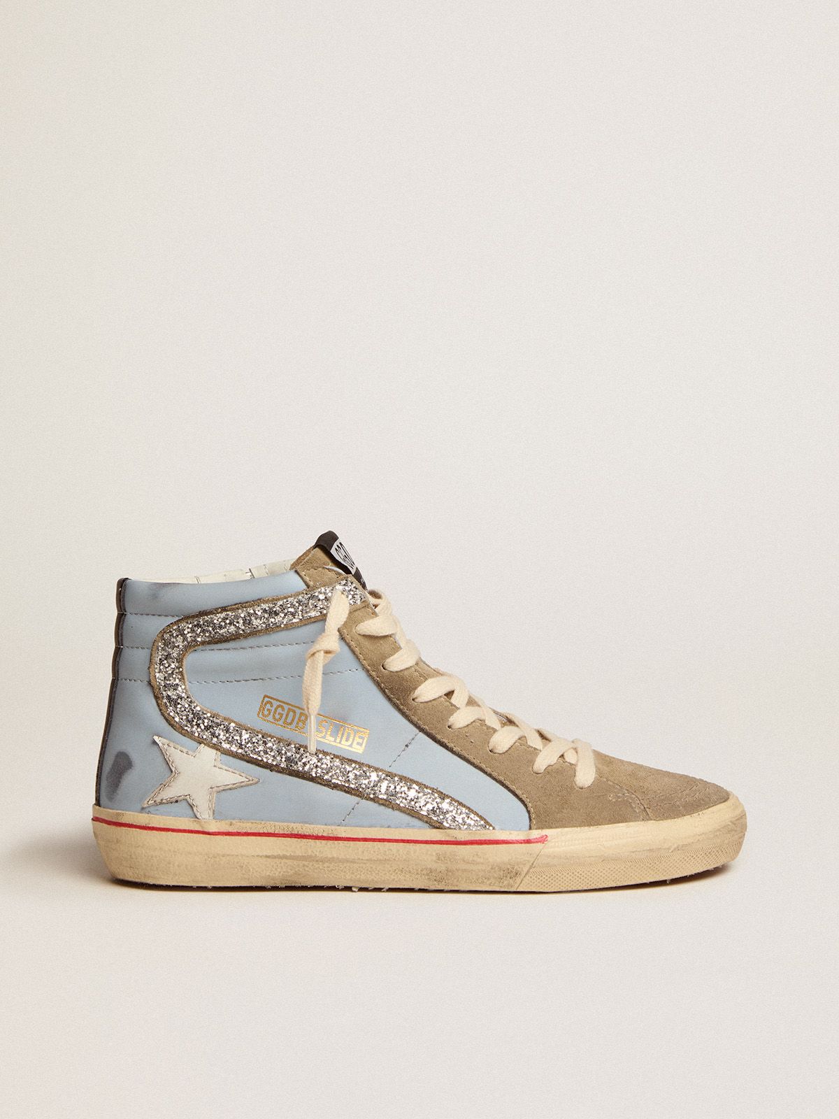 golden goose silver in dove-gray leather with Slide and powder-blue flash tongue suede glitter sneakers