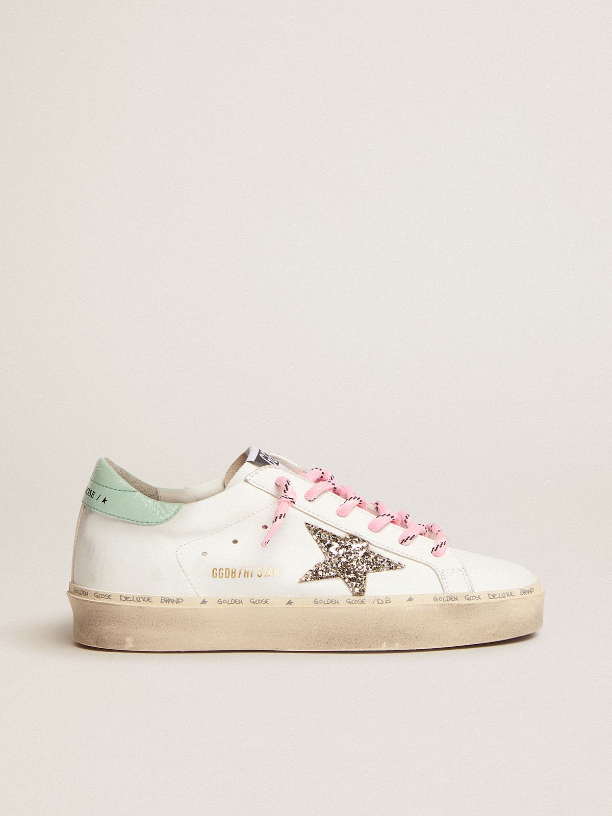 golden goose star and Star glitter sneakers aqua-green patent heel with platinum Hi leather tab