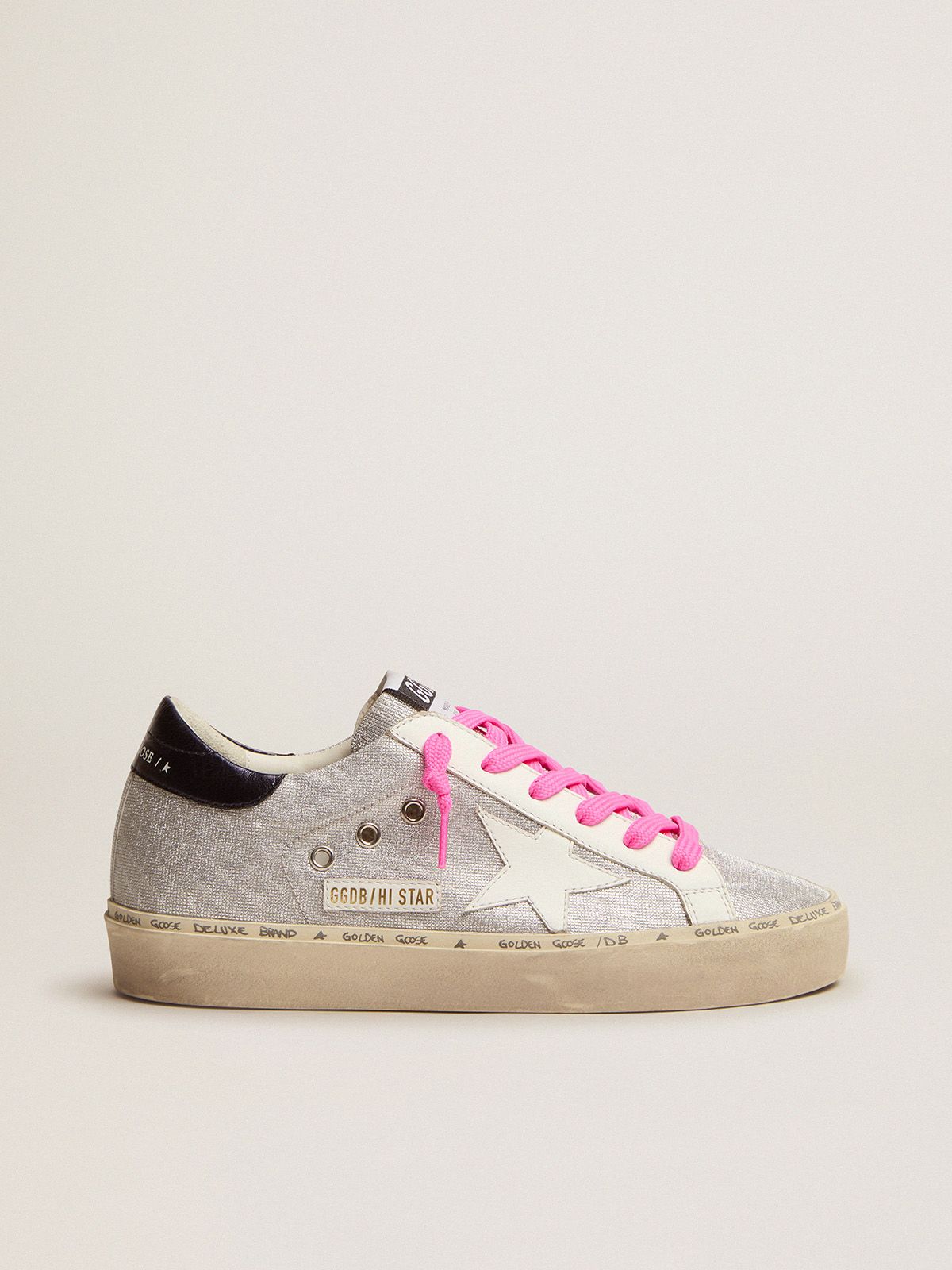 Sneakers Golden Goose Uomo Hi Star sneakers in silver glitter with checkered pattern and white leather star