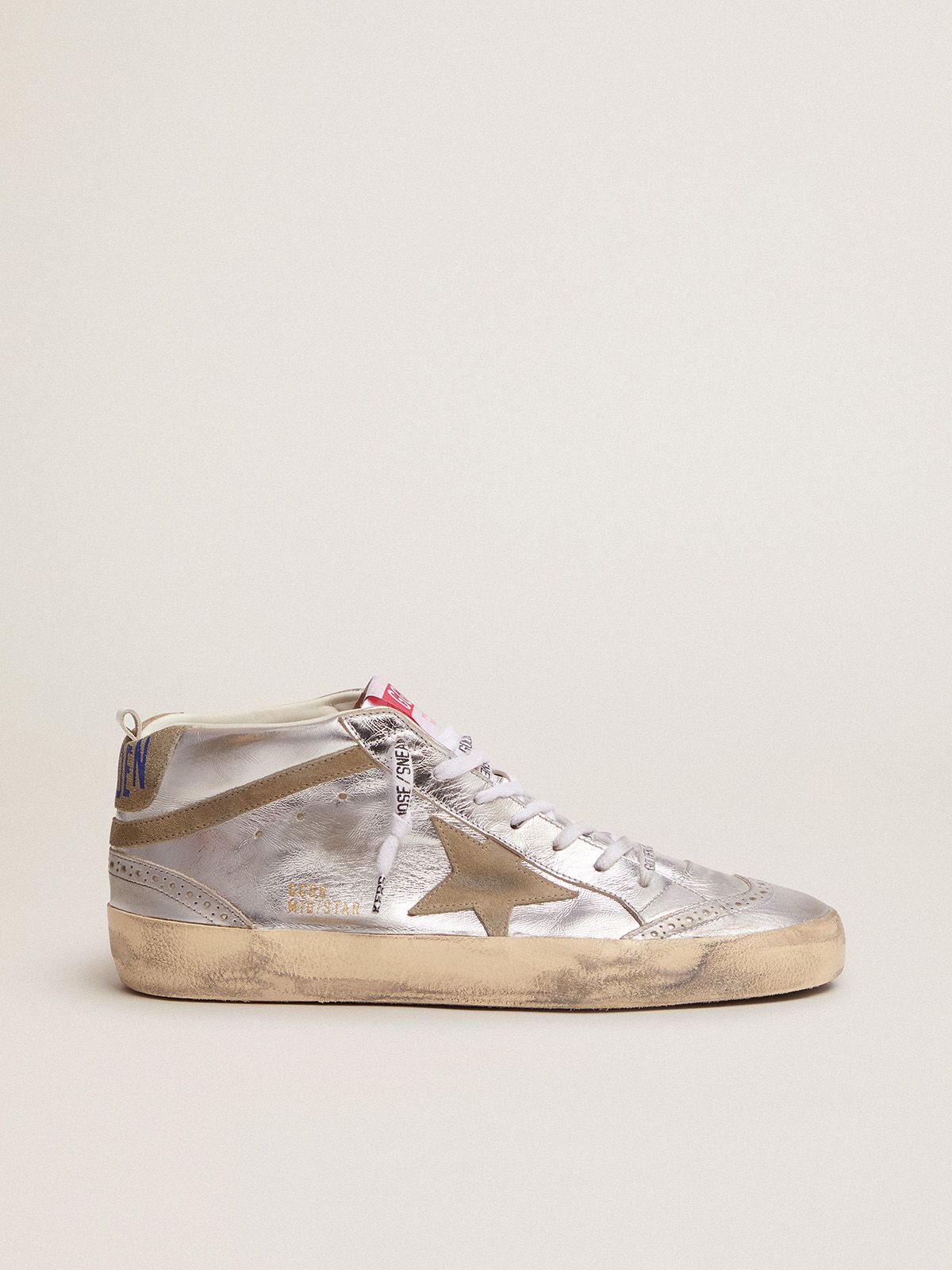 Mid Star sneakers in silver metallic leather with star and flash in dove-gray suede | 