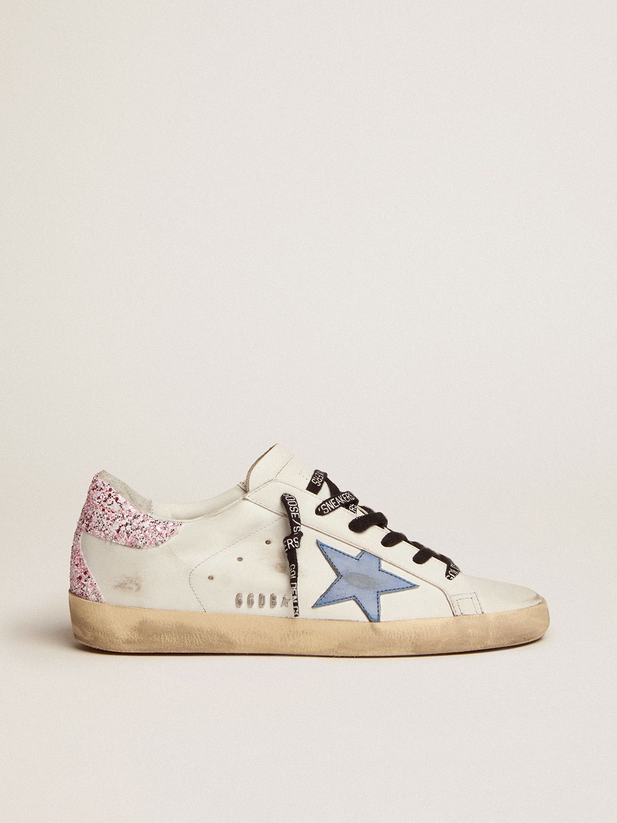 golden goose heel pink glitter sneakers star cobalt-blue leather tab with Super-Star and