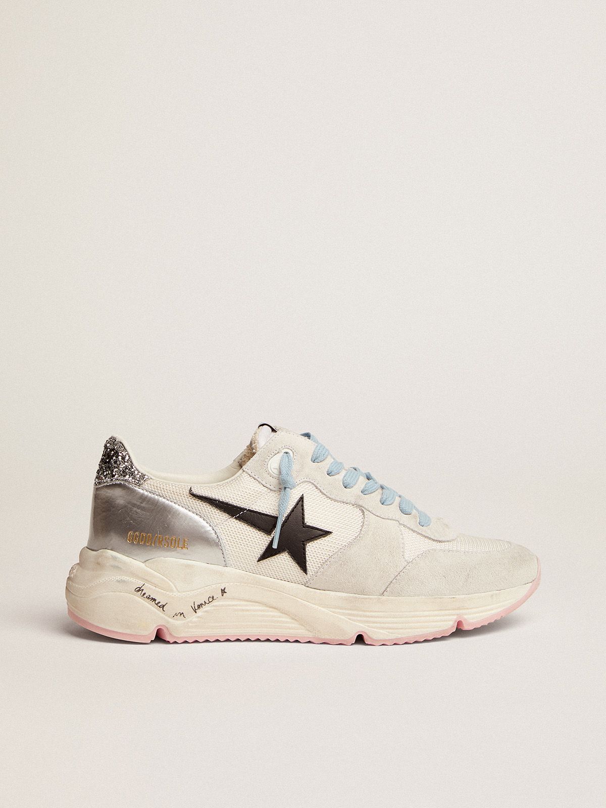 golden goose star in leather glitter sneakers with Running LTD tab silver suede Sole black mesh heel and white