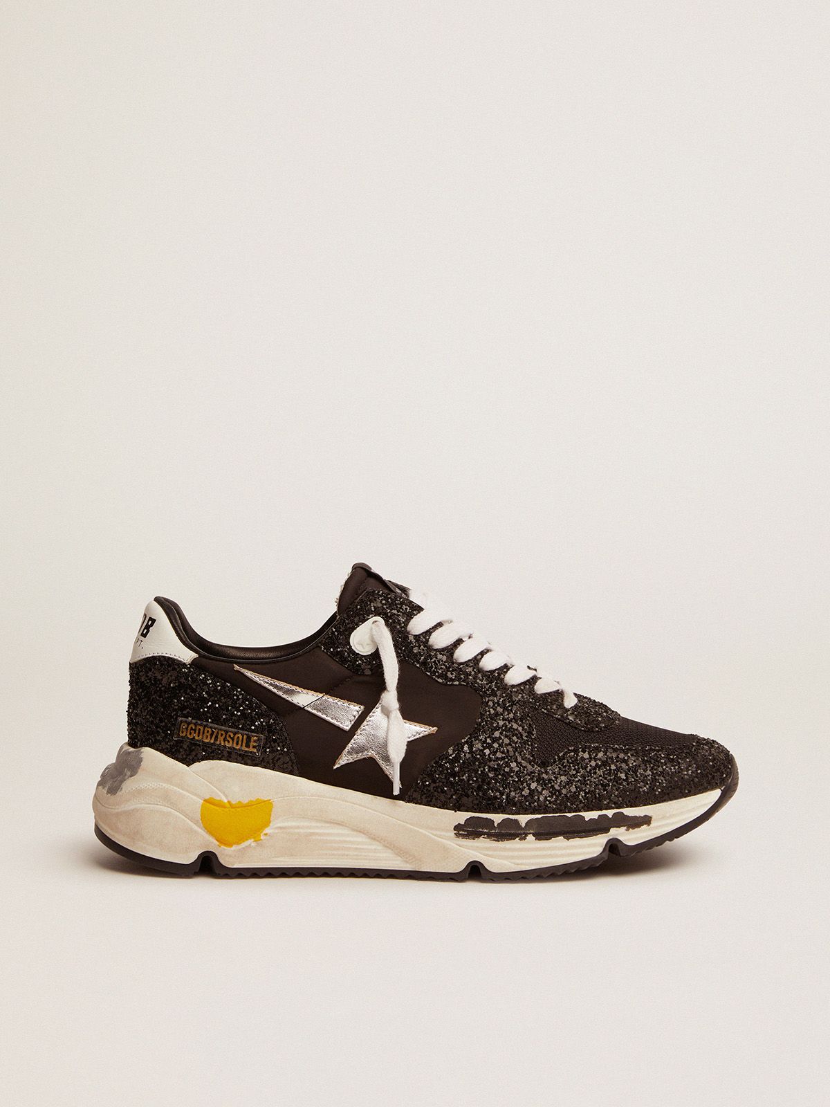 Golden Goose Ball Star Uomo Running Sole sneakers in black nylon and glitter with silver laminated leather star