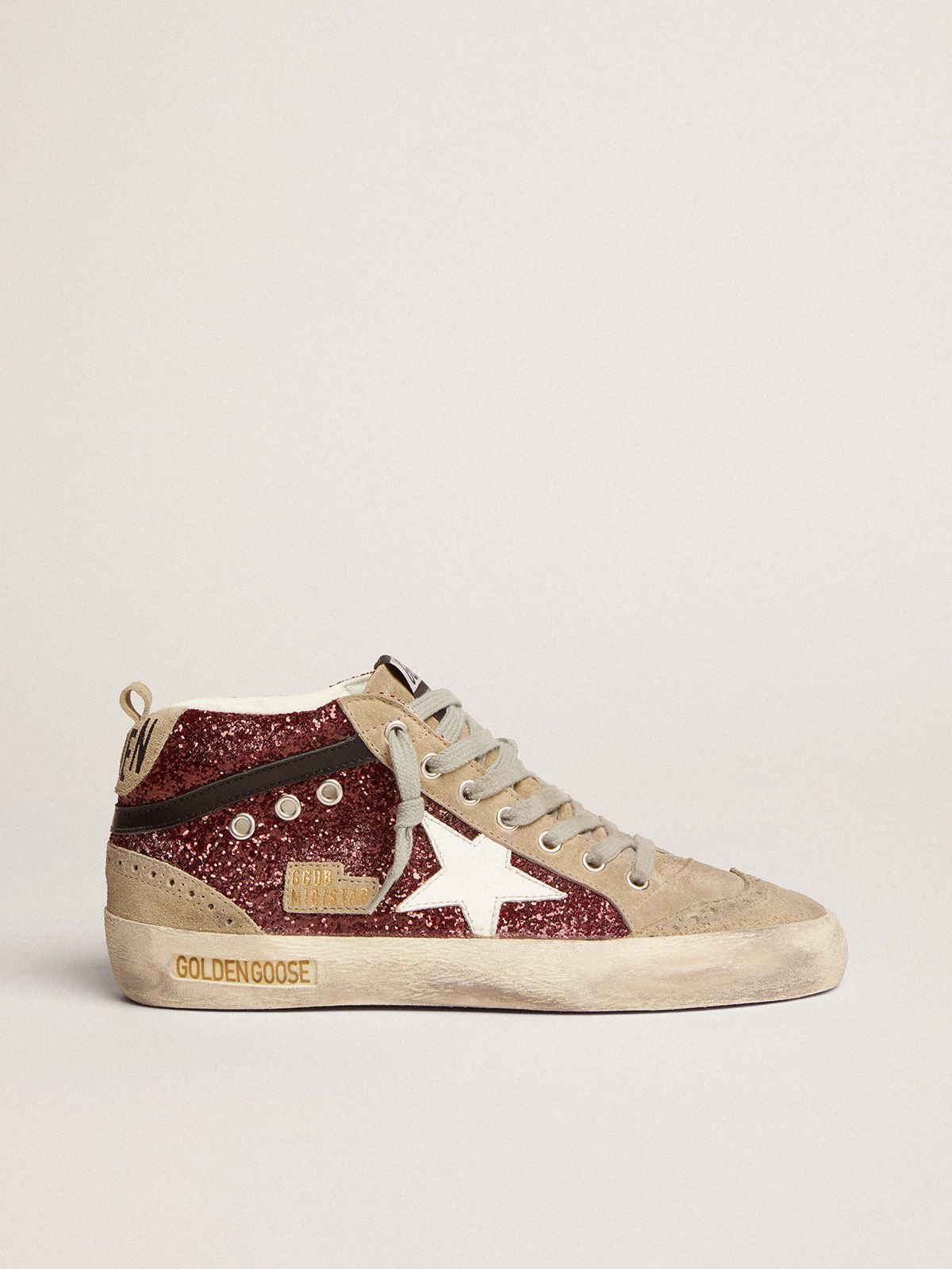golden goose star glitter Mid inserts burgundy Star white and in with dove-gray leather suede sneakers