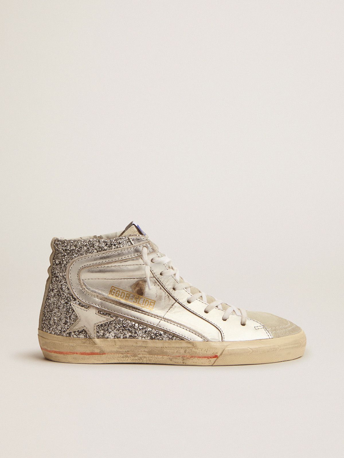 golden goose leather glitter with laminated sneakers and in upper Slide silver