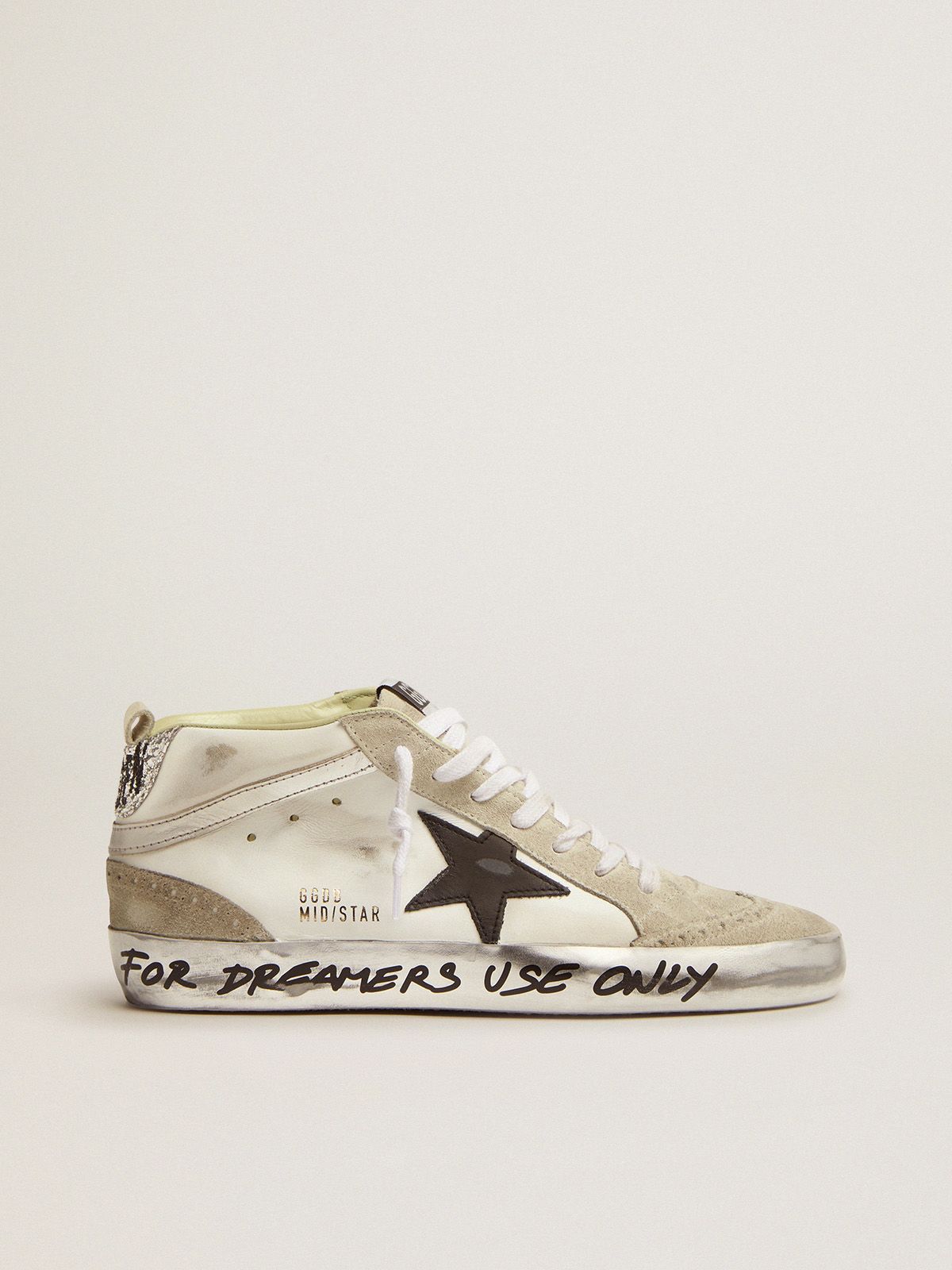 Mid Star LTD sneakers with silver glitter heel tab and handwritten lettering on the foxing | 