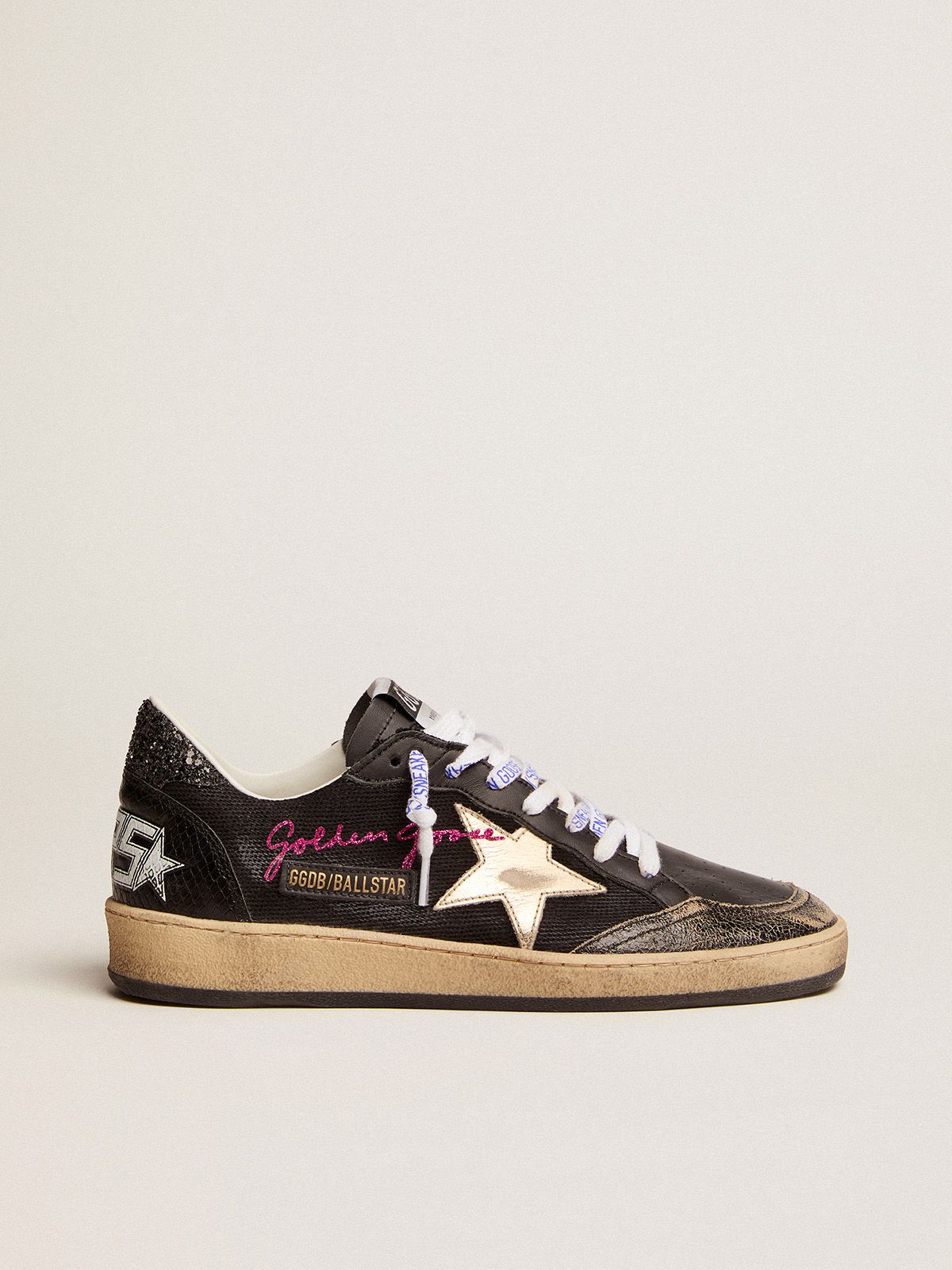 Ball Star sneakers in black canvas with platinum metallic leather star and black glitter heel tab | 