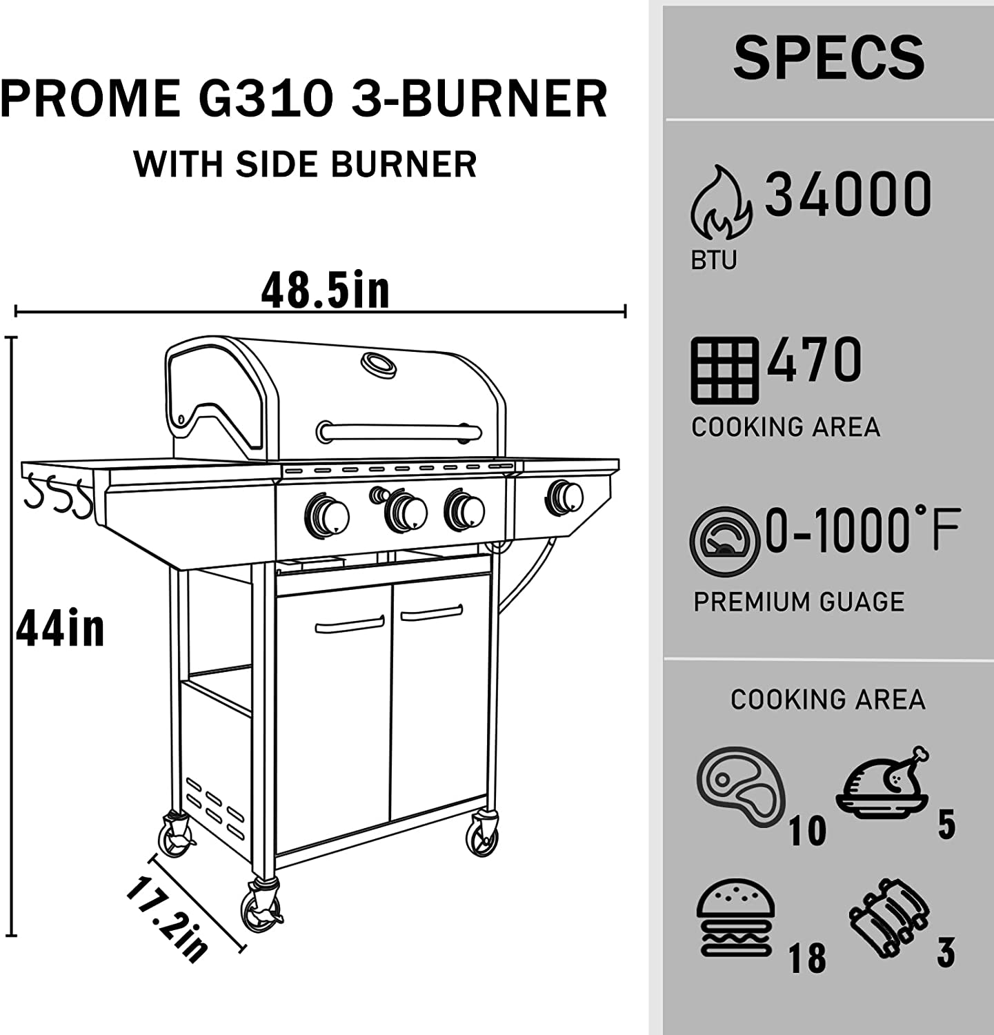 DIMAR GARDEN 3Burner Propane Gas Grill with Side Burner, Outdoor Cabi