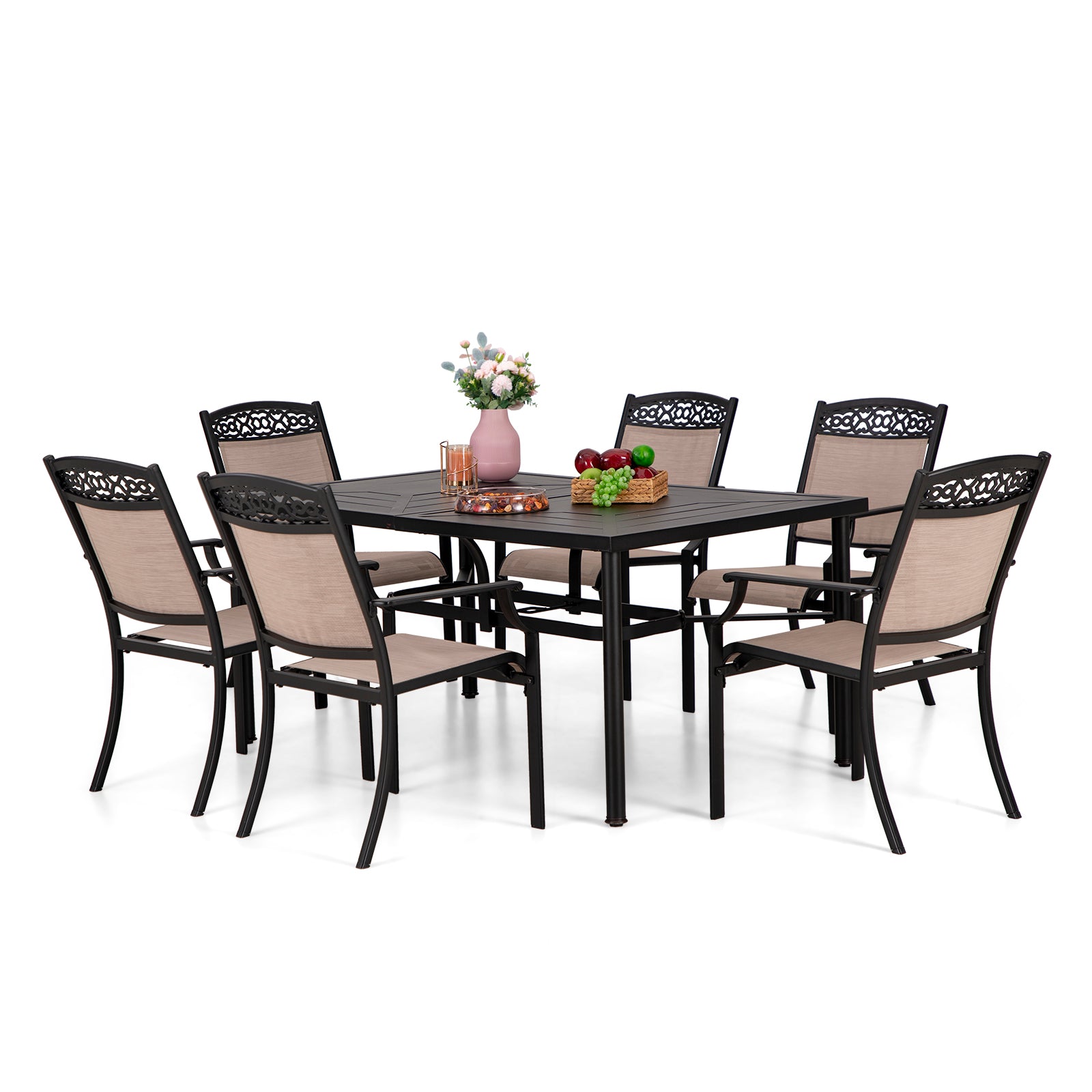 PHI VILLA 7Piece Patio Dining Set 6 Textilene Chairs & Rectangle Table with Round Legs