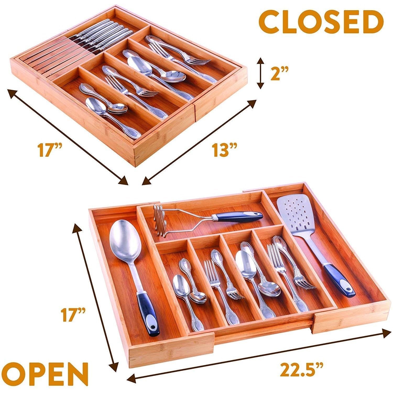 Adjustable Bamboo Silverware Drawer Organizer with Two Removable Knife