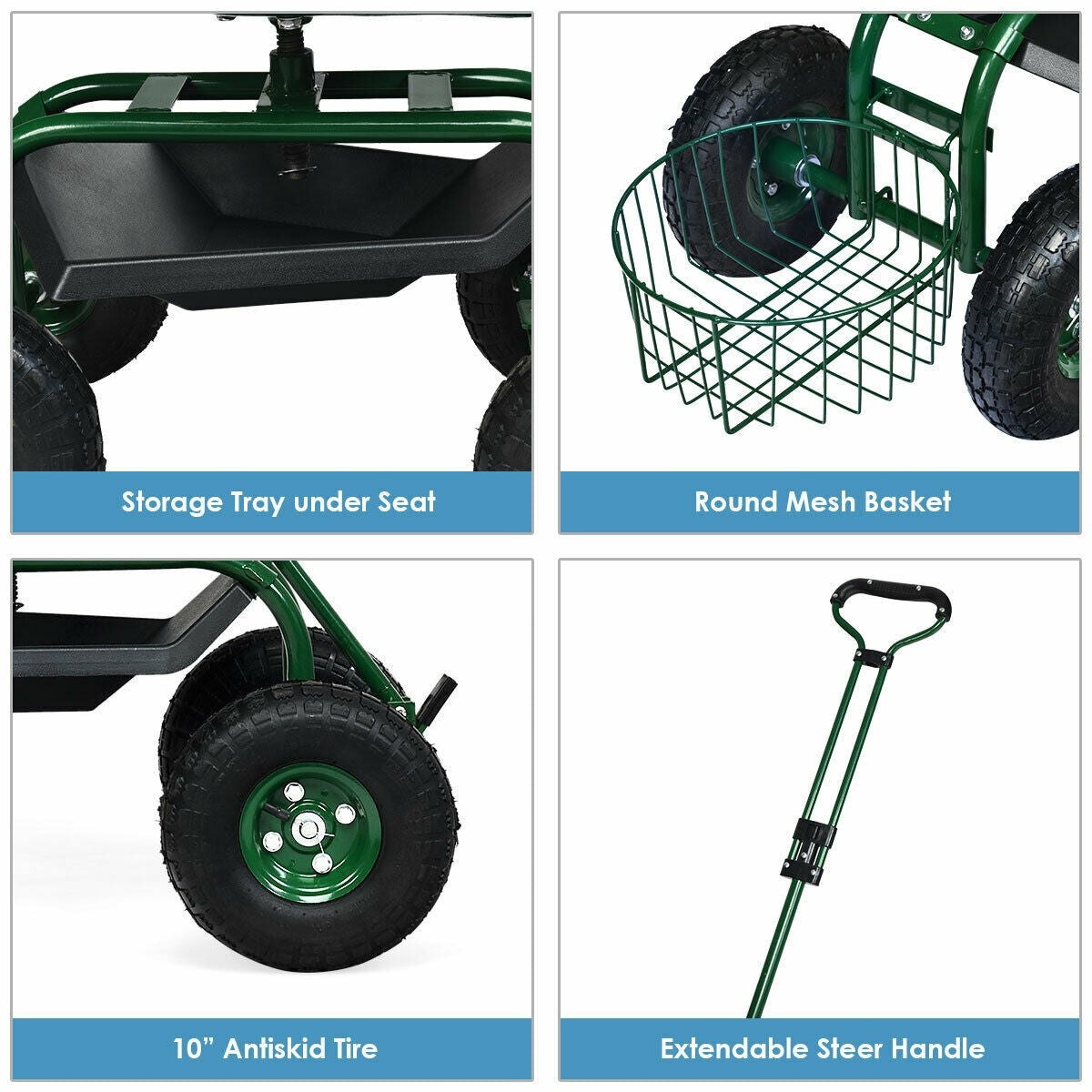 Heavy Duty Rolling Garden Cart with 360 Swivel Seat & Extendable Steer ...