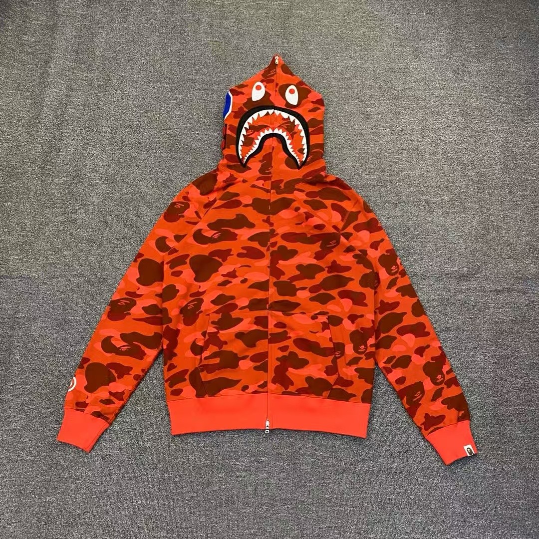 bape camouflage orange classic shark zipper sweatshirt