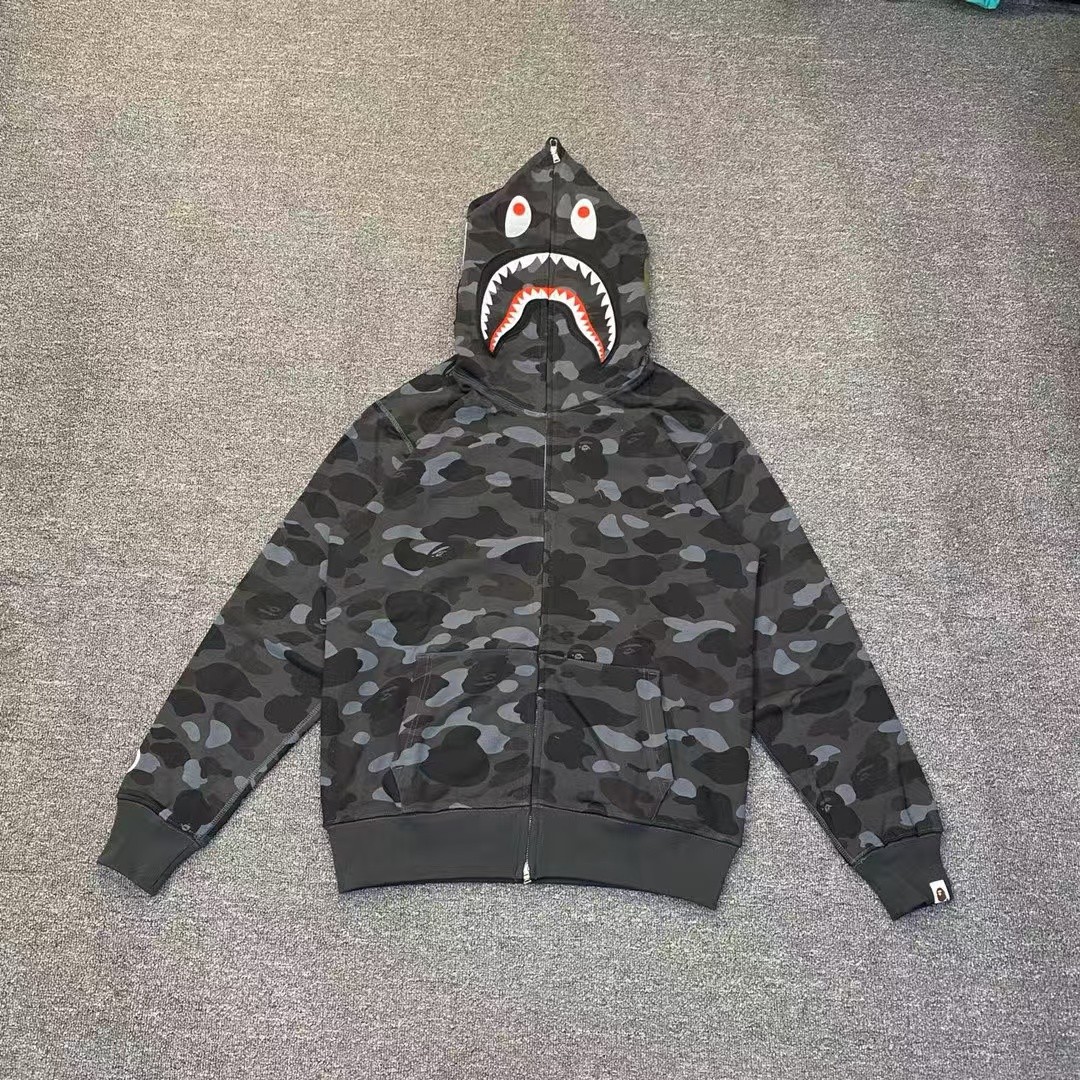 bape grey camouflage classic shark zip-up sweatshirt