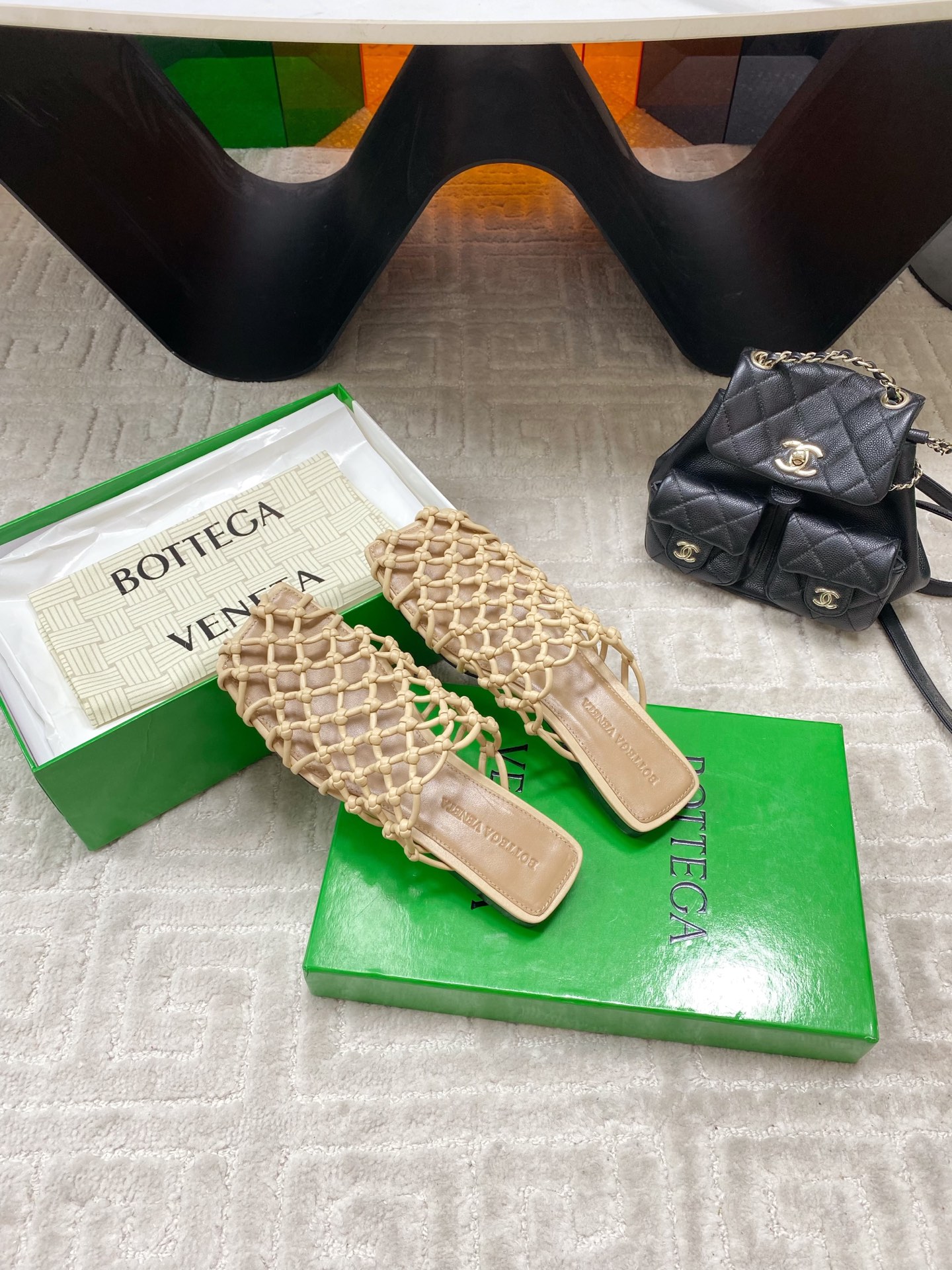 BV Metallic Leather Knot Net Mule Flats