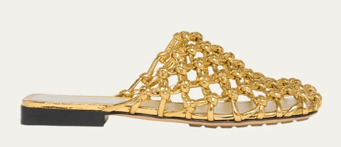 BV Metallic Leather Knot Net Mule Flats