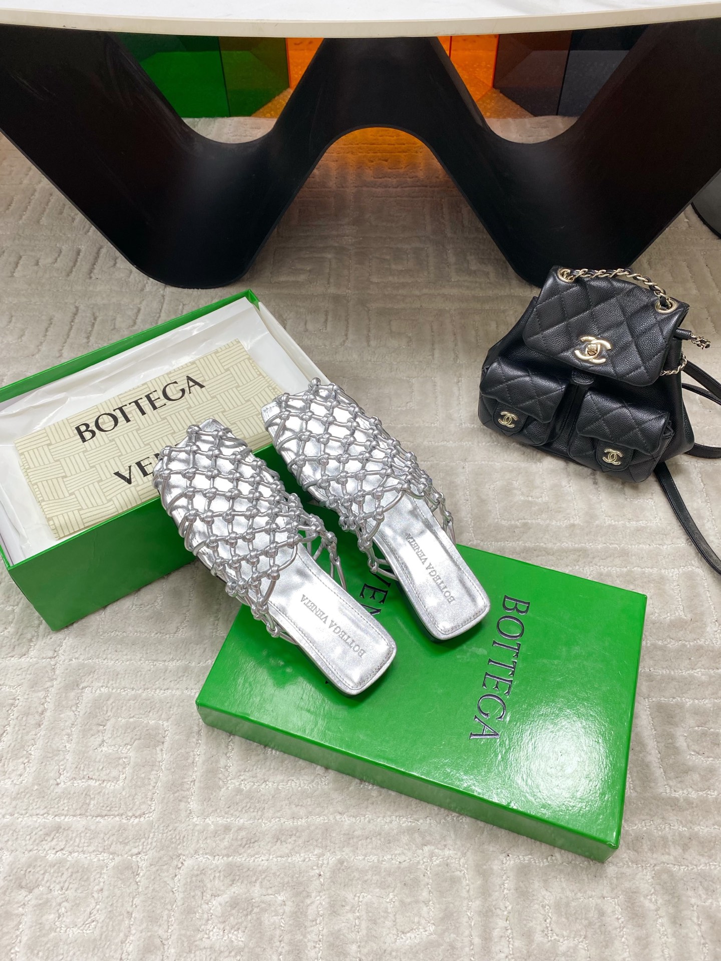 BV Metallic Leather Knot Net Mule Flats