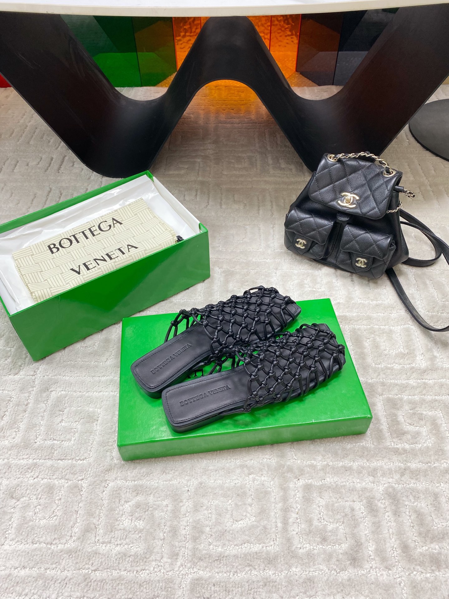 BV Metallic Leather Knot Net Mule Flats